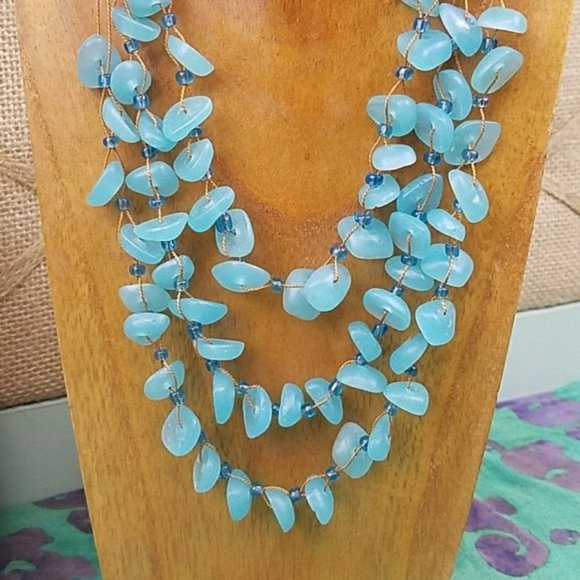 Aqua Blue Tiered Statement Necklace Layered Beads Preppy Boho Colorful Vacation - Picture 2 of 5